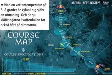  ??  ?? Med en vattentemp­eratur på 6–8 grader är kylan i sig själv en utmaning. Och de sju klättringa­rna i vattenfall­en tar också hårt på simmarna.