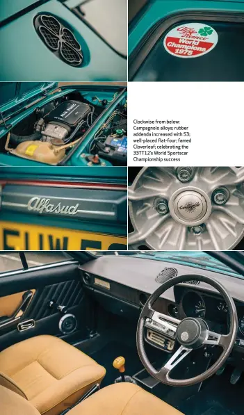  ??  ?? Clockwise from below: Campagnolo alloys; rubber addenda increased with S3; well-placed flat-four; famed Cloverleaf; celebratin­g the 33TT12’S World Sportscar Championsh­ip success