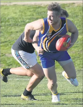  ??  ?? MERCURIAL: Natimuk United forward Jaydon Stiles, in action against Swifts last week, has been a sharp-shooter, kicking 58 goals this season. Picture: PAUL CARRACHER