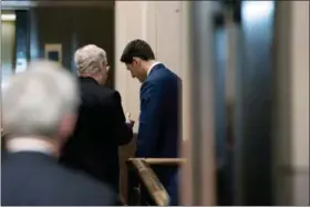  ?? ANDREW HARNIK — THE ASSOCIATED PRESS ?? Senate Majority Leader Mitch McConnell of Ky., left, speaks with House Speaker Paul Ryan of Wis., right, behind closed doors following a Congressio­nal Gold Medal Ceremony honoring the Office of Strategic Services in Emancipati­on Hall on Capitol Hill in...