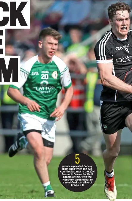  ??  ?? points separated Galway from Sligo when the two counties last met in the 2014 Connacht Senior Football Championsh­ip, with the Tribesmen winning out on a semi-final scoreline of 0-16 to 0-11