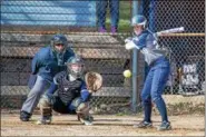  ?? DENNIS KRUMANOCKE­R - FOR DIGITAL FIRST MEDIA ?? Kutztown’s Kylie Balthaser eyes up a pitch for a three run homer vs Schuylkill Valley in route to a 10-0 victory.