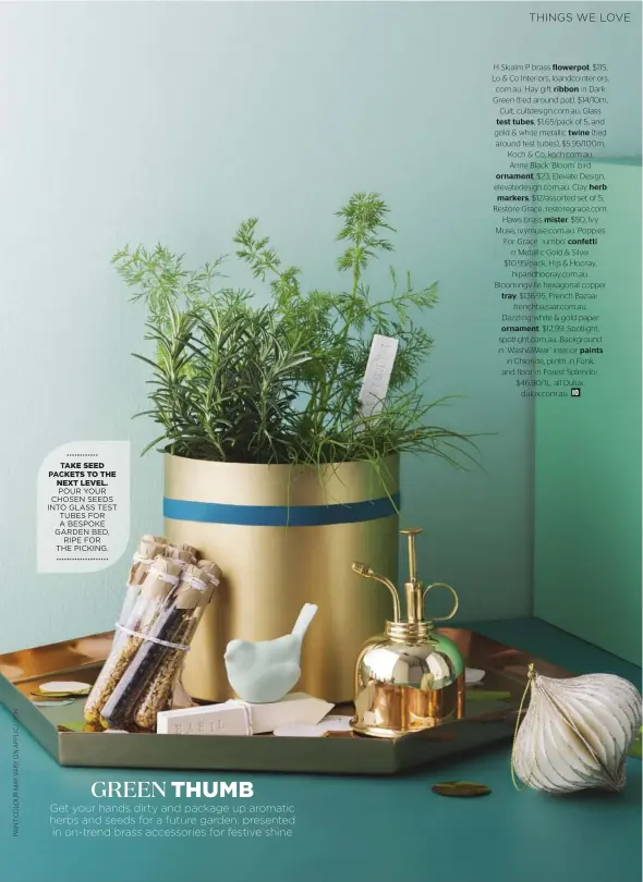  ?? TAKE SEED PACKETS TO THE NEXT LEVEL. POUR YOUR CHOSEN SEEDS INTO GLASS TEST TUBES FOR A BESPOKE GARDEN BED, RIPE FOR THE PICKING. ?? H Skjalm P brass flowerpot, $115, Lo & Co Interiors, loandcoint­eriors. com.au. Hay gift ribbon in Dark Green (tied around pot), $14/10m, Cult, cultdesign.com.au. Glass test tubes, $1.65/pack of 5, and gold & white metallic twine (tied around test...