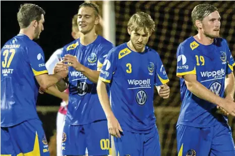  ?? PHOTO: PAUL SMITH ?? CHANGES: Andrew Crestani, Daniel Fuller, Darcy Reeves and Tim Neels celebrate USQ’s goal against Warwick.