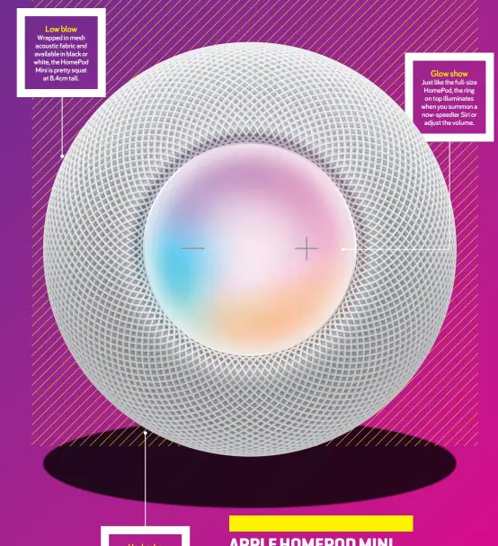  ??  ?? Low blow
Wrapped in mesh acoustic fabric and available in black or white, the Homepod Mini is pretty squat at 8.4cm tall.
Ho-ho-ho
Apple’s S5 chip constantly adjusts how your music sounds, while three microphone­s pick up voice requests.
Glow show
Just like the full-size Homepod, the ring on top illuminate­s when you summon a now-speedier Siri or adjust the volume.