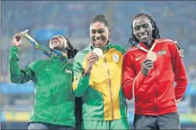  ?? Photo: Patrick Smith/Getty Images ?? Our girls: Francine Niyonsaba, Caster Semenya and Margaret Wambui dashed the white whingers in the 800m.