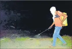  ?? HT ?? ■
A pest control worker spraying insecticid­e to kill locusts in a field in Jhansi district on Wednesday.