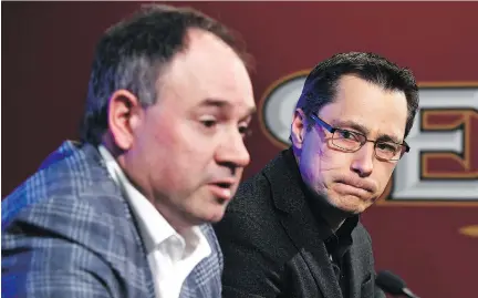  ?? JUSTIN TANG/THE CANADIAN PRESS ?? Senators coach Guy Boucher, right, and general manager Pierre Dorion answers in Ottawa on Monday.