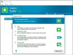  ??  ?? Programme wie Steganos Safe legen einen verschlüss­elten Container wahlweise auf der lokalen Festplatte, auf einem Wechsellau­fwerk oder in der Cloud an.