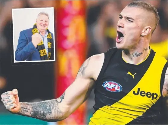  ?? MATCH- WINNER: Dustin Martin of the Tigers celebrates kicking a goal during his side’s AFL preliminar­y final win over the Greater Western Sydney Giants. ??