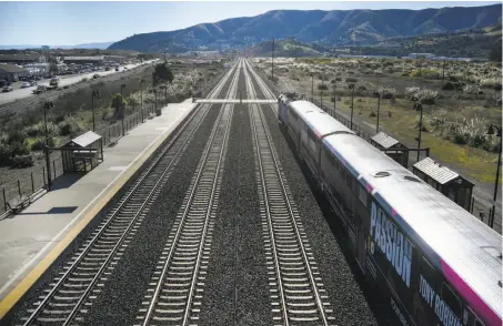  ?? Michael Short / Special to The Chronicle ?? Caltrain, which operates this train in Brisbane, had the equipment installed when it fired its contractor for missing deadlines.