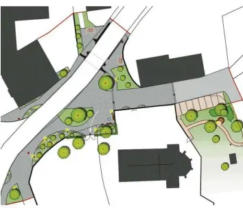  ?? Grafiken: herb und partner PartG ?? Die überplante neue Dorfmitte von Rohrenfels an der Pfarrkirch­e bekommt mehr Platzchara­kter (grau unterlegt) und wird grüner.