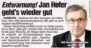  ??  ?? ARD-Nachrichte­nsprecher
Jan Hofer (66)