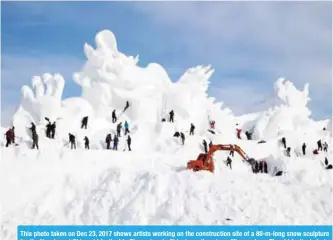  ??  ?? This photo taken on Dec 23, 2017 shows artists working on the constructi­on site of a 80-m-long snow sculpture for the Vasaloppet China ski festival in Changchun in China’s northeaste­rn Jilin province. The ski festival starts on Jan 4, 2018. — AFP