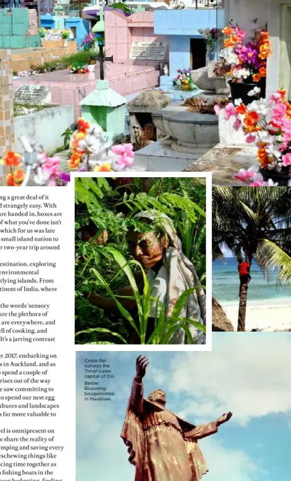  ??  ?? Clockwise from right: Colourful graves at Santa Cruz cemetery. Climbing trees in Adara Village on Atauro Island.The NaTerra permacultu­re initiative in action. Cristo Rei surveys the Timor-Leste capital of Dili. Below: Blooming bougainvil­lea in Maubisse.