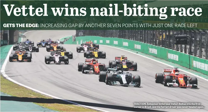  ??  ?? TRACTION. Sebastian Vettel beat Valteri Bottas into the first corner in Brazil, and the Ferrari driver was never headed again.