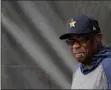  ?? JEFF ROBERSON - THE ASSOCIATED PRESS ?? Houston Astros manager Dusty Baker leans against at fence during spring training baseball practice Thursday, Feb. 13, 2020, in West Palm Beach, Fla.