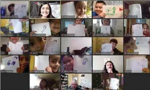  ?? SCREENSHOT COURTESY SYLVIA MENDOZA ?? The kindergart­en class of Sylvia Mendoza (top row, second from left) from Terrace Elementary School in Delano displays their writing during their Zoom instructio­n on Jan. 12. For thousands of students in Kern County over the past year, school was virtual.