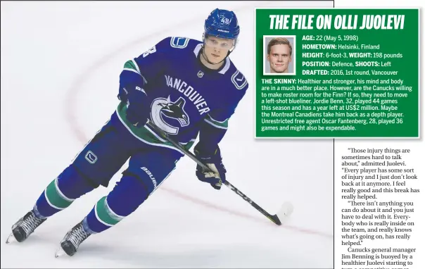  ?? GERRY KAHRMANN/POSTMEDIA FILES ?? Defenceman Olli Juolevi has had to deal with back surgery, a meniscus tear and a hip ailment, but he was able to play 45 games in the AHL this season and wants to earn his shot at the NHL.