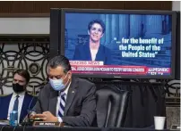  ?? TOM WILLIAMS / TNS 2021 ?? A clip from “The Rachel Maddow Show” is played during a Senate Judiciary Committee confirmati­on hearing in 2021. In a rough year for cable news, Maddow helped lift MSNBC’s ratings by 7% in 2023.