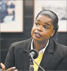  ?? RAQUEL ZALDIVAR/CHICAGO TRIBUNE ?? Cook County State’s Attorney Kim Foxx speaks with the Chicago Tribune Editorial Board in January. Challenger Pat O’Brien appears at a news conference Oct. 1.