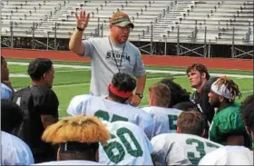  ?? MARK PODOLSKI — THE NEWS-HERALD ?? Jerry Hazzard, shown addressing the Lake Erie football team after practice Aug. 9 at Jack Britt Stadium in Painesvill­e, won’t return as coach in 2019.