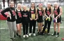  ?? Photograph courtesy of Melissa Meyers ?? The Jr. Lady Blackhawks won the championsh­ip at the War Eagle Invitation­al Track meet. Jr. Lady Blackhawk tracksters included, from left: Claire Hale, Madison Smith, Maddyson Robinson, Karlina Rodriguez, Bianca DeShields, Bayleigh Cloud and Olivia...