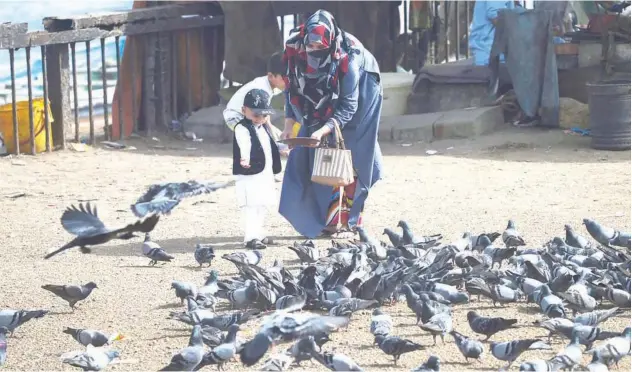  ?? Agence France-presse ?? ↑
A mother helps her child to feed pigeons in Karachi on Saturday.