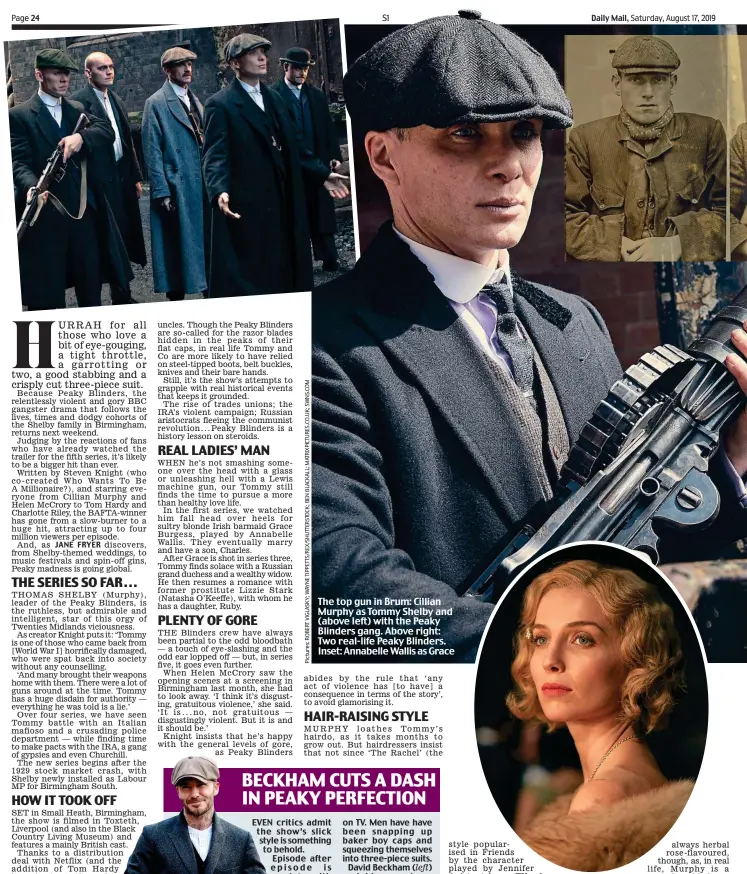  ??  ?? The top gun in Brum: Cillian Murphy as Tommy Shelby and (above left) with the Peaky Blinders gang. Above right: Two real-life Peaky Blinders. Inset: Annabelle Wallis as Grace