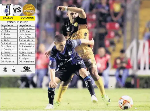  ?? FOTO: JAM MEDIA ?? &gt; Dorados y Gallos se vieron las caras en la Copa MX del torneo pasado.