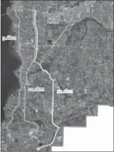  ?? City of Kelowna ?? South Perimeter Road, shown in bold on the right-hand side of this city map, will provide Upper Mission residents with a third way down into the city centre, to go with Lakeshore Road and Gordon Drive.