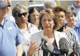  ?? David J. Phillip / Associated Press ?? Rep. Jackie Speier, D-Hillsborou­gh (center), is joined by other members of Congress after visiting a Texas detention center.