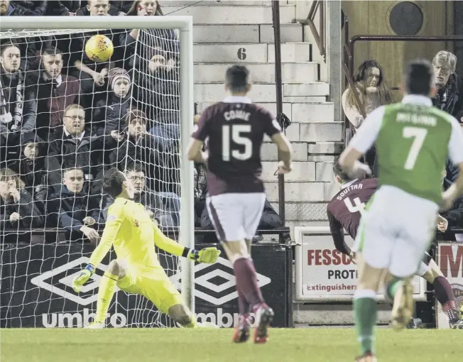  ??  ?? Oli Shaw scores after seven minutes but, top right, turns in disbelief as the goal is not given. Bottom right, Hibs boss Neil Lennon roars his disgust at assistant referee Sean Carr.