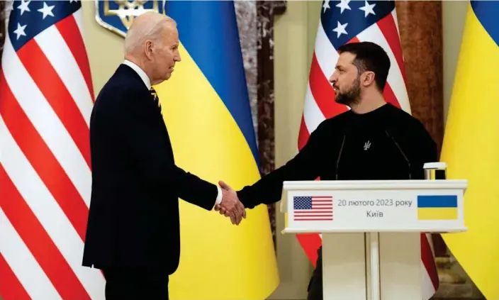  ?? Photograph: Reuters ?? Joe Biden and Volodymyr Zelenskiy. The US president has previously personally ruled out giving F-16s to Ukraine.