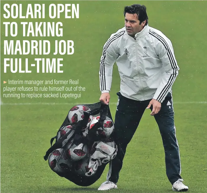  ??  ?? Real Madrid’s interim manager Santiago Solari takes charge of his first first-team training session ahead of a Copa del Rey tie against Spanish third-tier outfit Melilla tonight