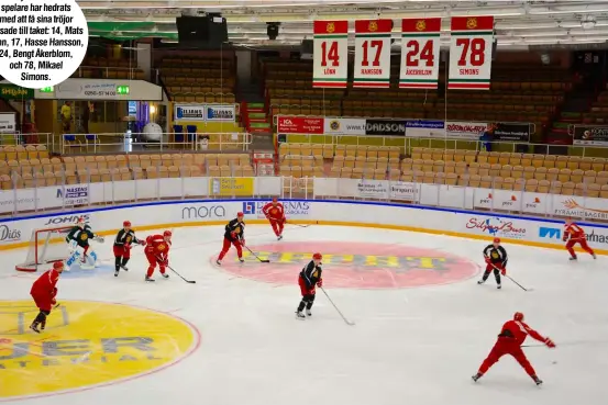  ??  ?? Fyra Moraspelar­e har hedrats med att få sina tröjor hissade till taket: 14, Mats Lönn, 17, Hasse Hansson, 24, Bengt Åkerblom, och 78, Mikael
Simons.