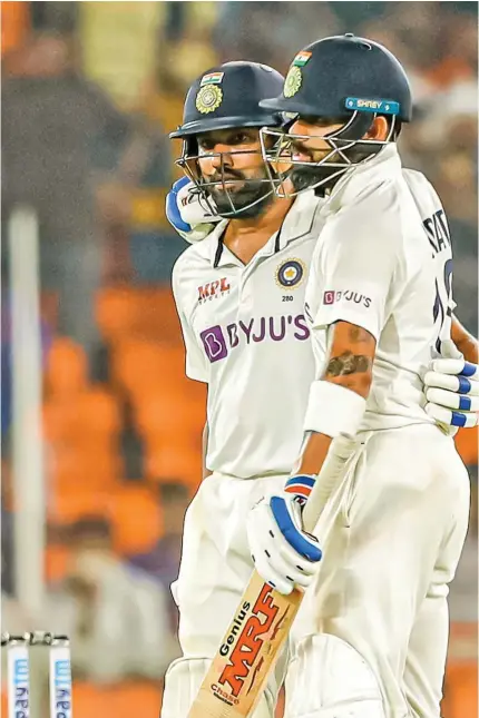  ?? Photo: ICC ?? India’s batting partnershi­p of Rohit Sharma (left) and captain Virat Kohli during the third Test against England at the Narendra Modi Stadium in Ahmedabad, Gujarat, India on February 24, 2021. They brought up a steady 50 runs partnershi­p after two quick wickets.