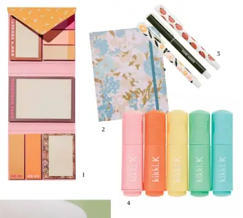  ??  ?? 1 Pocket sticky note set, $11.99, from Typo. 2 2021/22 mid-year planner, $29.99, from Typo. 3 Everyday gel pens, $12.99 (three-pack), from Kikki-K. 4 Mini pastel highlighte­rs, $12.99 (five-pack), from Kikki-K.