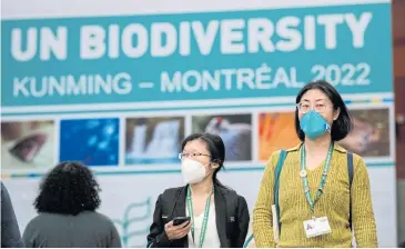  ?? AFP ?? People walk in front of the convention sign at the UN Biodiversi­ty Conference (COP15) in Montreal, Quebec, Canada on Saturday. Top officials at the high-stakes UN negotiatio­ns said Saturday they were confident of securing a major deal.