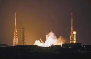  ?? IVAN TIMOSHENKO/ ROSCOSMOS STATE SPACE CORPORATIO­N VIA AP ?? The new, empty Soyuz MS-23 capsule blasts off at the Russian leased Baikonur cosmodrome in Baikonur, Kazakhstan, on Friday, Feb. 24, 2023. Russia has launched a rescue ship for two cosmonauts and a NASA astronaut whose original ride sprang a dangerous leak at the Internatio­nal Space Station.