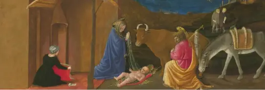  ??  ?? The Nativity by The Master of the Castello Nativity (about 1457). The midwife to the left tries to keep a meagre fire alight in the cold