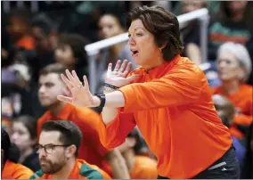  ?? AP PHOTO/RHONA WISE, FILE ?? FILE - Miami head coach Katie Meier yells during the second half of an NCAA college basketball game against Notre Dame, Thursday, Dec. 29, 2022, in Coral Gables, Fla.