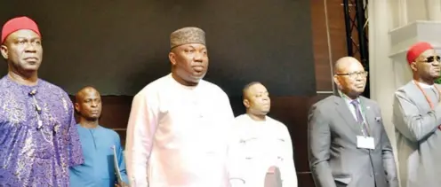  ?? PHOTO: ?? From left: Deputy Senate President, Ike Ekweremadu; Gov Ifeanyi Ugwuanyi of Enugu State; Chairman of the occasion, Prof. Anya Anya; and President General Ohanaeze Ndi-Igbo, Chief John Nwodo, during the South- East Economic Summit in Enugu yesterday