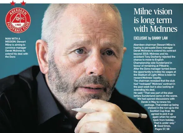  ??  ?? MAN WITH A MISSION: Stewart Milne is aiming to convince manager Derek McInnes to extend his deal with the Dons