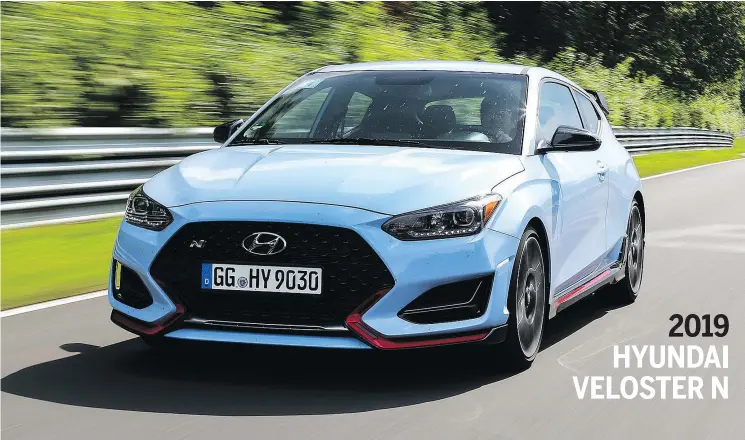  ?? — HYUNDAI ?? The 2019 Hyundai Veloster N is a speedy hot hatch with impeccable handling that gets the most out of its 2.0-litre turbocharg­ed four-cylinder engine.