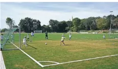  ?? FOTO: KAISER ?? Auf dem neuen Kunstrasen­platz in Willich trainierte­n am Montag die Kinder der Fußballsch­ule Grenzland. Das Hellbraune ist die Kork-Füllung.