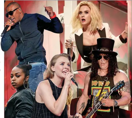  ??  ?? On song: (clockwise, from top left) Skepta, Katy Perry, Guns N’ Roses’ Slash, Rebecca Taylor of Slow Club and Nadia Rose