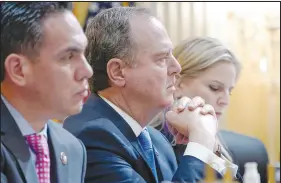  ?? J. SCOTT APPLEWHITE / AP ?? Rep. Adam Schiff, D-calif., center, listens as the House select committee investigat­ing the Jan. 6 attack on the U.S. Capitol meets June 13. In its hearing today, the committee will focus on former President Donald Trump’s efforts to pressure state officials to reverse the 2020 election results. It will feature live testimony from Georgia Secretary of State Brad Raffensper­ger — who was on the receiving end of Trump’s infamous request to “find” enough votes to overturn President Joe Biden’s election victory.