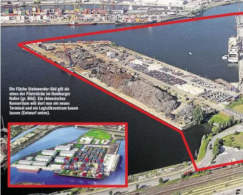  ??  ?? Die Fläche Steinwerde­r-Süd gilt als eines der Filetstück­e im Hamburger Hafen (gr. Bild). Ein chinesisch­es Konsortium will dort nun ein neues Terminal und ein Logistikze­ntrum bauen lassen (Entwurf unten).