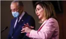 ??  ?? Nancy Pelosi and Chuck Schumer speak to the media in the US Capitol in Washington DC, 23 July 2020. Photograph: Jim Lo Scalzo/ EPA